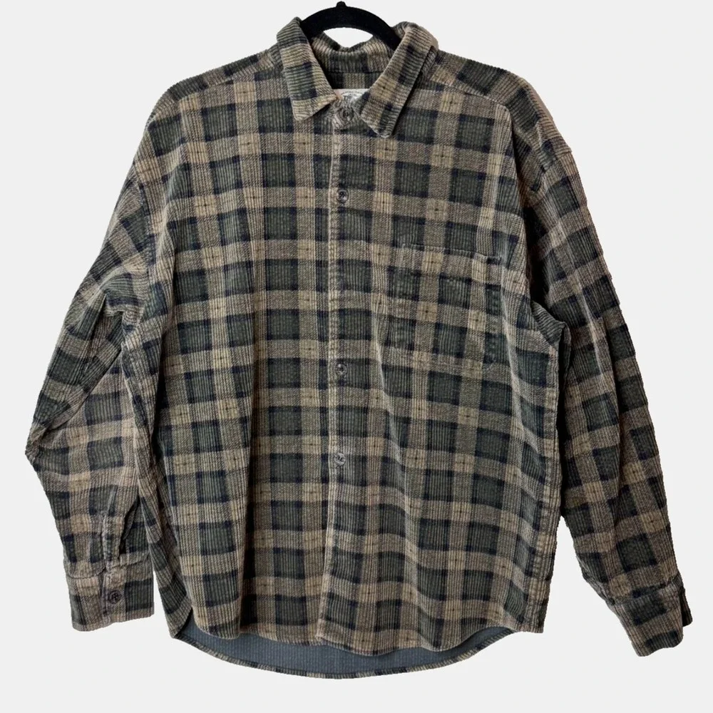 True Grit‎ Soft Corduroy Shirt Mens M Brown Green Plaid Cotton Pocket Wide Wale